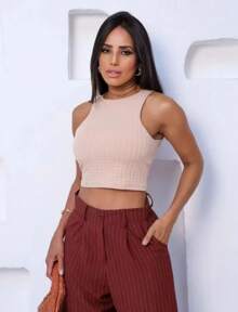 Cropped Top Nadador Canelado Bubler Com Foro Regata Blusinha Feminina - Bege - Visão 2