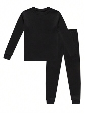 小女孩秋季纯色T恤裤子黑色睡衣两件套