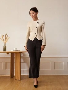 女士纯色收腰单排扣不对称纽扣西装外套 - 卡其色 - 查看 4