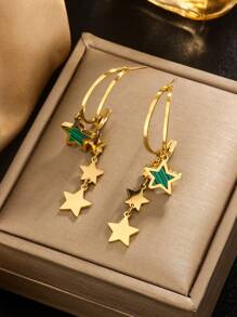 1 对 INS 小众复古奢华百搭不对称高端心形与星形流苏 C 形双层五角星耳环，钛钢 18K 镀金贝壳耳钉，适合生日、情人节礼物、商务演示、日常佩戴 - 金色 - 查看 15