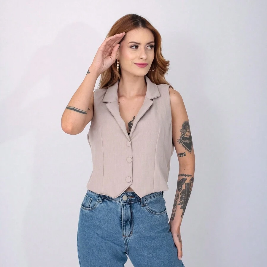 Women's Lined Vest With 3-Button Collar. - Màu be - Xem 1