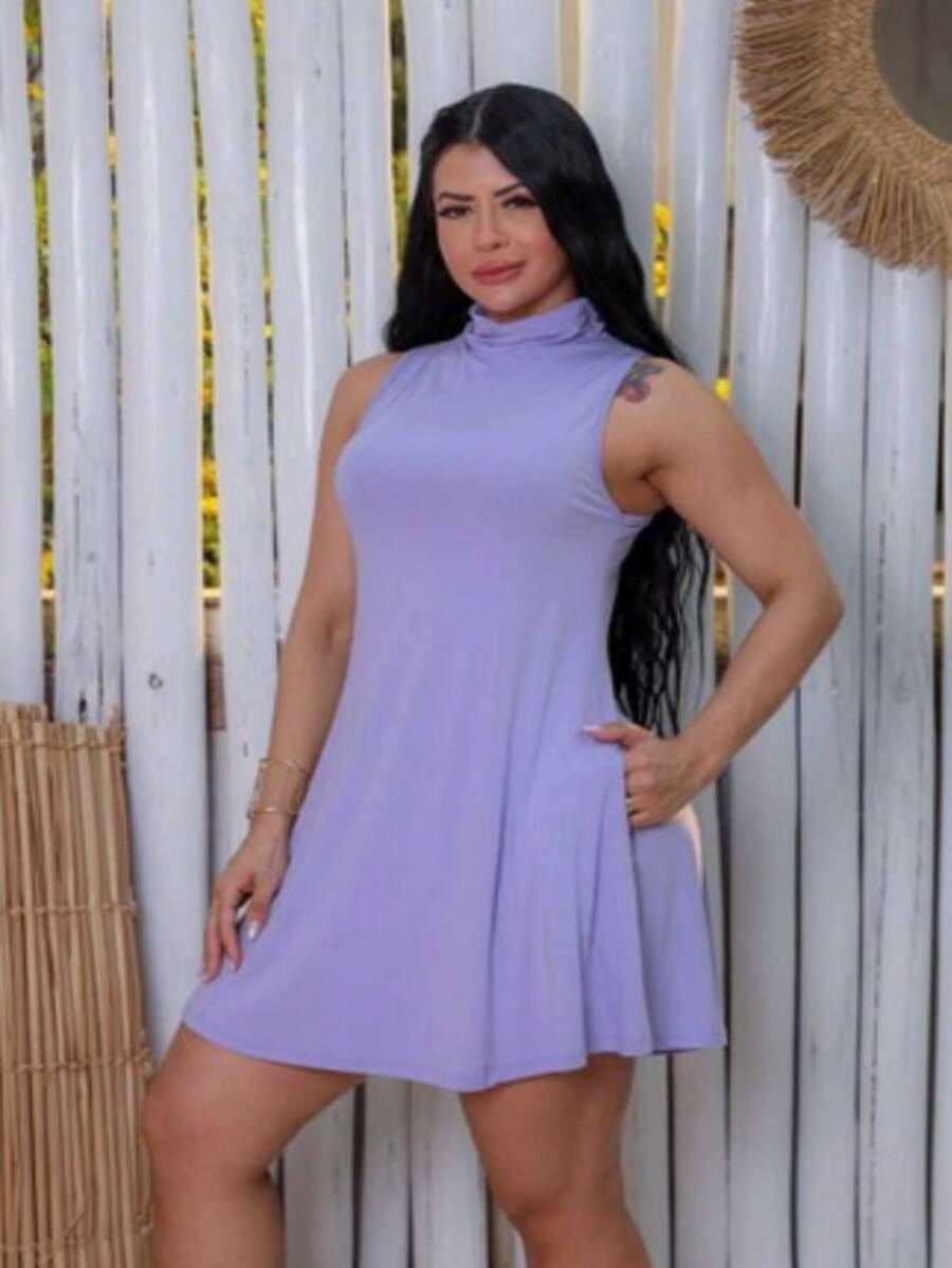 Women's Short High Neck Dress With Side Pockets Top Fashion - Màu Lilac Tím - Xem 1