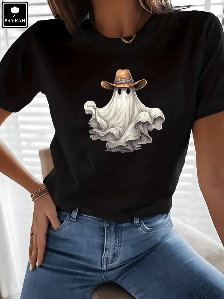PAYEAH  Boo Haw Ghost Western Cowboys Hat Funny Halloween Spooky T-Shirt 220g Heavy Cotton T Shirt - Black - View 1
