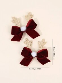 2pcs Christmas Red Velvet Hair Bow Clips For Girls Kids,Cute Antlers Decor Hair Bows, Christmas Accessories,Christmas Gifts Hairpins