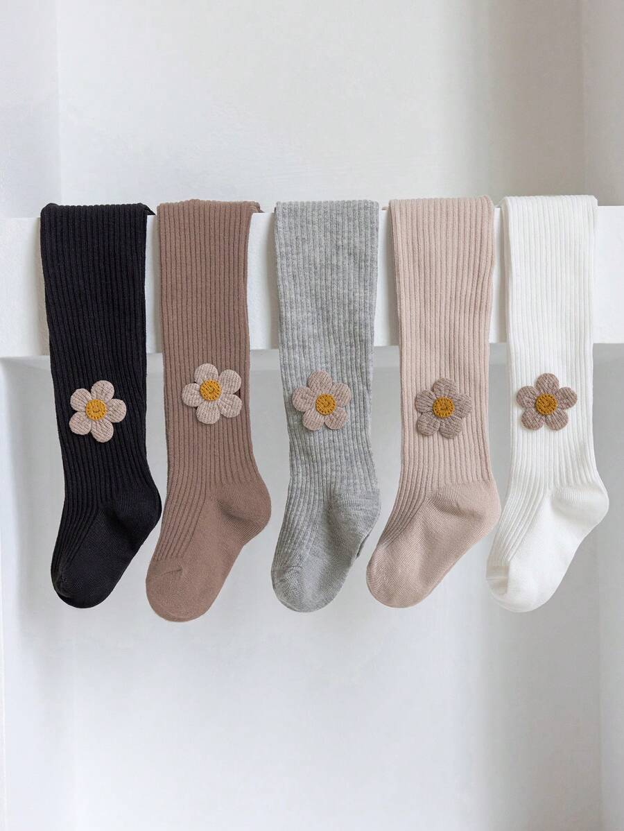 5pcs/Pack Girls Toddler Minimal Flower Decor Vertical Striped Leggings, Suitable For Daily Life