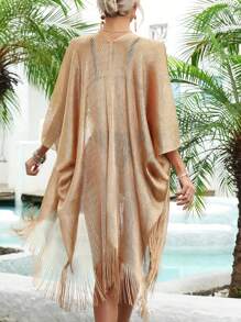 1pc Women's Fashionable Solid Color Loose Cover-Up Shimmering Metallic Net Fringed Kimono Cardigan Tassel-Adorned Party Dress, Semi-Sheer 3/4 Sleeves, Women Swimwear & Festival Wear For Carnival, Music Events, And Holidays Accessories Women