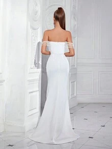 ADYCE Đầm dự tiệc hở lưng đính hạt đuôi cá trễ vai cho nữ, Đầm dạ hội thanh lịch màu trắng, dành cho khách dự tiệc cưới, lễ tốt nghiệp, tiệc tối - trắng - Xem 2