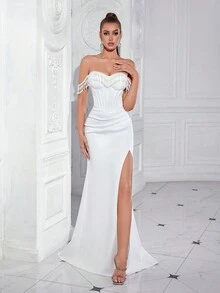 ADYCE Đầm dự tiệc hở lưng đính hạt đuôi cá trễ vai cho nữ, Đầm dạ hội thanh lịch màu trắng, dành cho khách dự tiệc cưới, lễ tốt nghiệp, tiệc tối - trắng - Xem 6