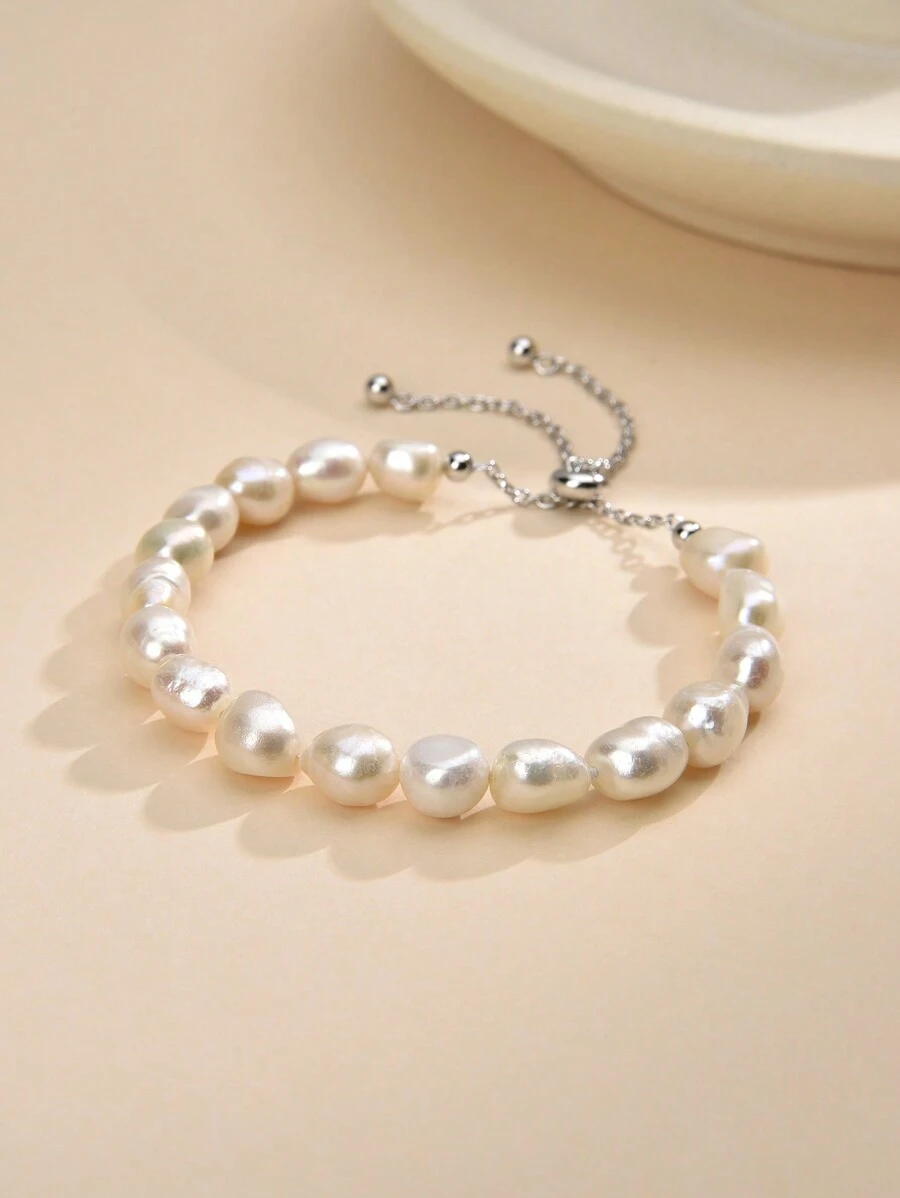1pc 925 Sterling Silver Natural Pearl Adjustable Bracelet, Suitable For Wedding Engagement Bride Gift