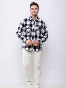 Men's Plaid Shirt Long Sleeve Winter - 黑色 - 查看 3