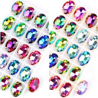 椭圆形，彩虹色，银色，金色金属爪底座，花式椭圆闪亮手工缝纫水晶玻璃手工缝制水钻装饰珠平背有孔宝石 DIY 配件缝制石头水钻用于装饰衣服、连衣裙、包、鞋子、胸针、耳环、手工艺品 DIY。