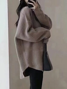 Solid Drop Shoulder Oversized Sweater - Khaki - View 4