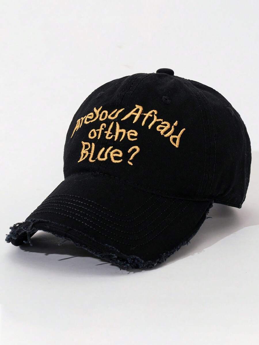 1 Pieza Gorra De Béisbol Vintage Para Hombres Con Diseño De Bordado Inglés Y Borde Deshilachado, Adecuada Para Actividades Cotidianas Al Aire Libre Y Protección Solar Callejera - Negro - Ver 1
