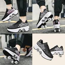 Transformable Roller Skate Shoes,Women Men Retractable Four Wheel Double-Row Skates Multifunctional Outdoor Sneakers Black Flower Casual Walking Shoes For Teens, Students& Aldult - 黑色 - 查看 3