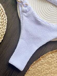 Women Ribbed Solid Color Asymmetrical Neck Bikini Top And Bottom Swimwear, For Summer Beach Vacation - White - View 4