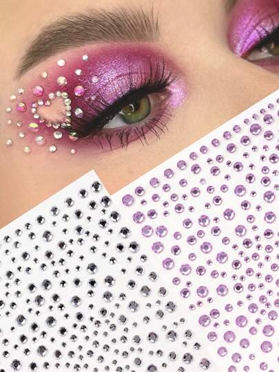 2pcs/Pack Multi-Rhinestone 3D Shiny Silver-White & Light Purple Starry Transparent Crystal Rhinestone Stickers, Suitable For Eye Corner/Nail/Face Decoration, Applicable For Music Festival, Carnival, Valentine's Day, Y2K Style Party, Daily Decoration, Makeup Party, Ball, Can Be Used For Hair, Eyes, Face, Body Decoration