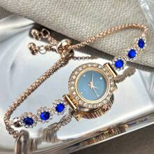 1pc Women's Blue Color Crystal Beads Pull-Out Bracelet Watch, Elegant Quartz Watch With Rhinestone Case And Dial - Blue - View 4