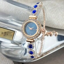 1pc Women's Blue Color Crystal Beads Pull-Out Bracelet Watch, Elegant Quartz Watch With Rhinestone Case And Dial - Blue - View 3