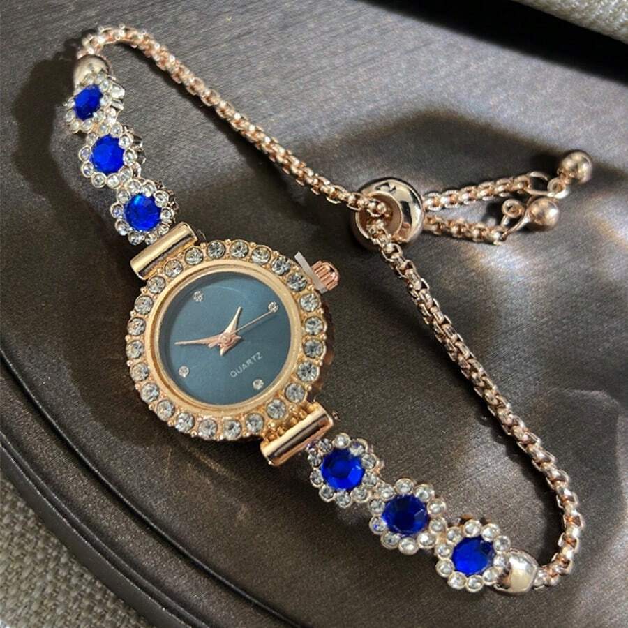 1pc Women's Blue Color Crystal Beads Pull-Out Bracelet Watch, Elegant Quartz Watch With Rhinestone Case And Dial