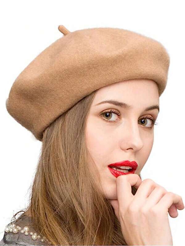 BREITER 1pc Women French Style Classic Solid Color Beanie Hat, Wool Material, Suitable For Casual And Party Wear Halloween