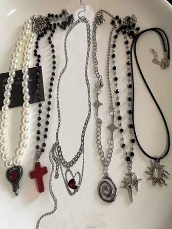 6 piezas Collar de cuentas con cruz de sol espiral, collar de gargantilla con colgante de estrella, joyería gótica para el cuello para hombres y mujeres