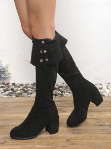 女士黑色过膝靴，经典时尚厚底高筒靴 - 黑色 - 查看 4