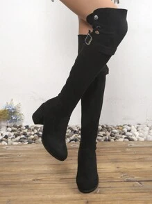 女士黑色过膝靴，经典时尚厚底高筒靴 - 黑色 - 查看 3