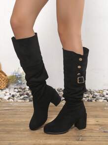 女士黑色过膝靴，经典时尚厚底高筒靴 - 黑色 - 查看 5