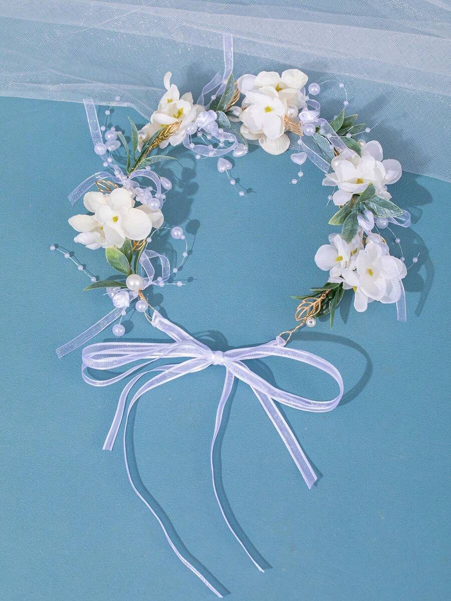 1 vòng hoa bướm hồng lãng mạn và vòng lá xanh, phụ kiện phong cách công chúa cho tiệc theo chủ đề thiên nhiên, quà tặng sinh nhật hoặc lễ hội - trắng - Xem 1