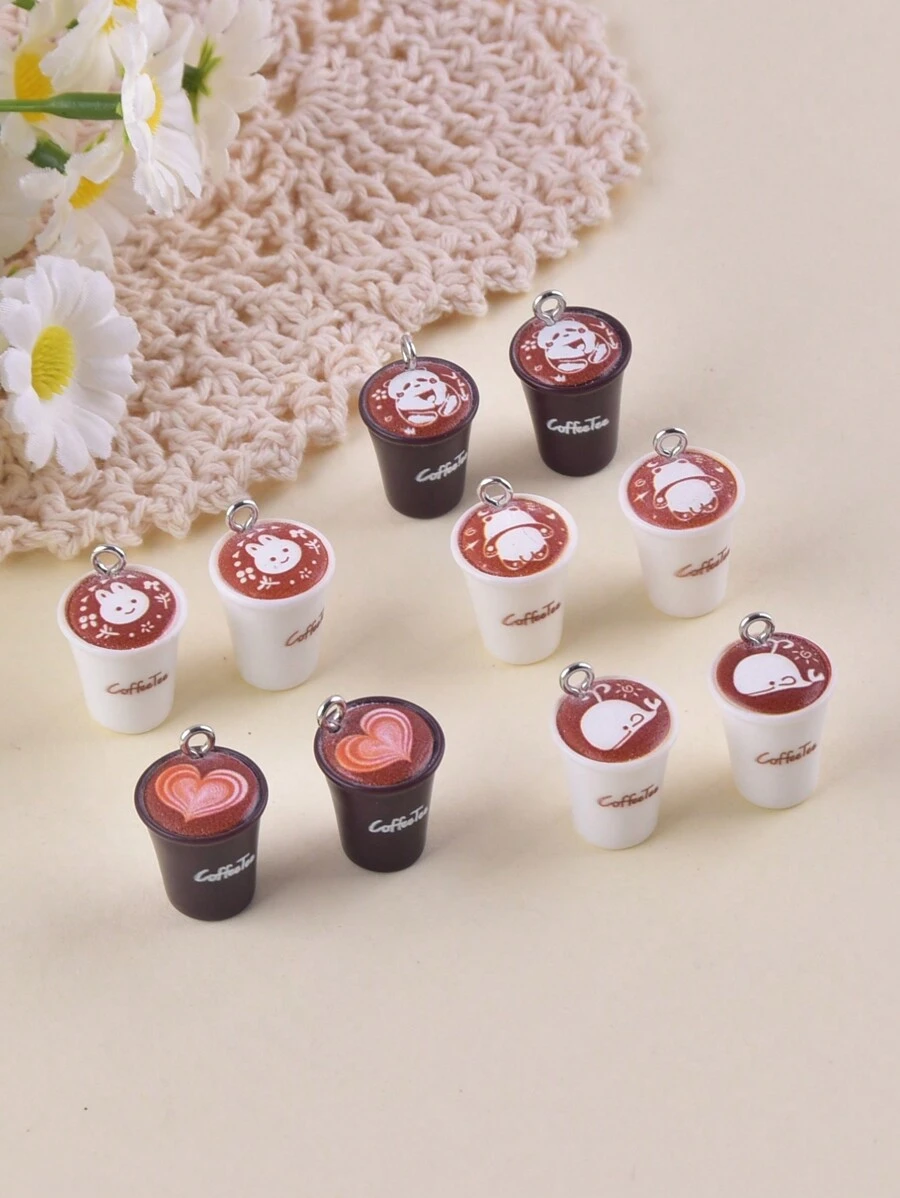 10pcs/Pack Mixed Coffee Cup Resin Pendant, Suitable For Women DIY Jewelry Making - Multicolor - View 1