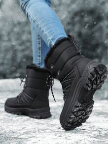 Botas de nieve de forro polar para mujer, botas de invierno de media pantorrilla de moda, botas deportivas de senderismo con cordones para exteriores, zapatos de invierno casuales, color negro