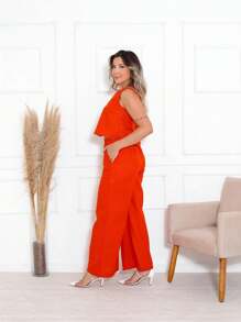 Women's Linen Set, Stylish Trousers And Blouse - Orange - View 3