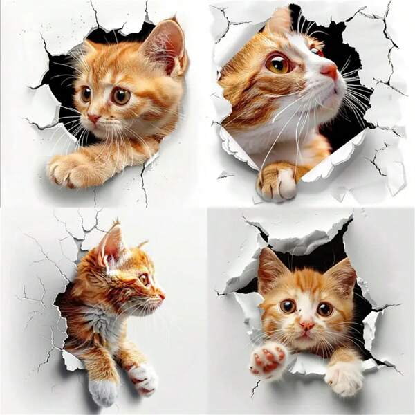 Adesivos de Gato Cartoon 4 em 1 Material TPU, Impressão Composta Colorida Multicamada, Adequado para Carro, Motocicleta, Capacete, Janela de Casa, Laptop, Animação Fofa