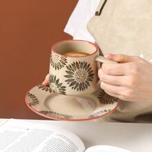 Juego de taza de café y platillo con estampado floral, taza de té de la tarde con acabado agrietado y creativo, taza de café con leche vintage, taza minimalista de oficina vuelta al colegio