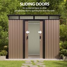 Lofka 8' X 6' Outdoor Storage Shed, Versatile Metal Garden Shed, Outdoor Storage Tool Shed, With Sliding Doors, Transparent Panel Windows, Anchors, Outdoor Storage Shed For Backyard, Patio - màu nâu - Xem 4