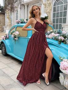 QOQ Shiny Bridesmaid Dress, Fashionable Girl's Formal Gown, Women's Long Formal Dress Suitable For Weddings, Formal Events, Wedding Guests, Galas, Engagement Parties, Pleated High Slit Hem Sleeveless Dress - Burgundy - View 4