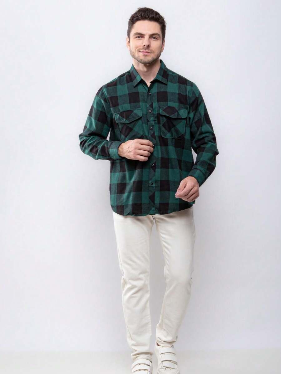 Men's Plaid Shirt Long Sleeve Winter - màu xanh lá - Xem 1