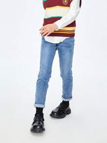 Annil Jeansy dla dzieci Tween Girl. Spodnie jeansowe z haftem w słodkie kwiaty i pełną talią. Jesienne proste i swobodne jeansy z włókien roślinnych