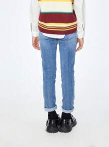 Annil Jeansy dla dzieci Tween Girl. Spodnie jeansowe z haftem w słodkie kwiaty i pełną talią. Jesienne proste i swobodne jeansy z włókien roślinnych