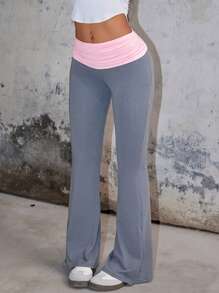 Quần legging ống loe cạp cao cạp rộng Y2K Splicing dáng ôm vừa vặn tập gym thoải mái thường ngày - Xám - Xem 3