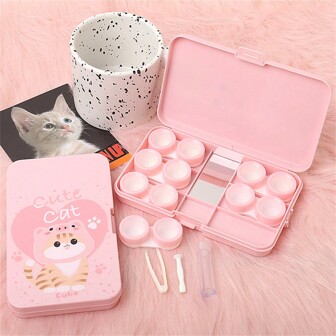 1 件卡通彩色 6 槽隐形眼镜盒，带镊子和涂抹器，实用套装