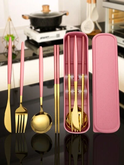 5 件便携式餐具套装，高品质不锈钢，含刀、勺、叉、筷子、储物盒 - 非常适合旅行、办公室、学校、野餐、定制家庭套装、派对和婚礼、学校用品