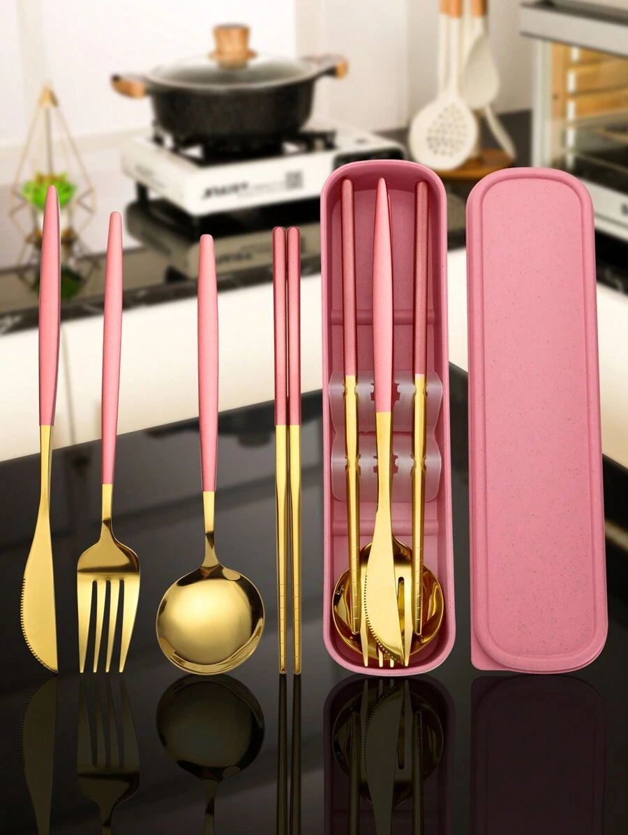 5 件便携式餐具套装，高品质不锈钢，含刀、勺、叉、筷子、储物盒 - 非常适合旅行、办公室、学校、野餐、定制家庭套装、派对和婚礼、学校用品