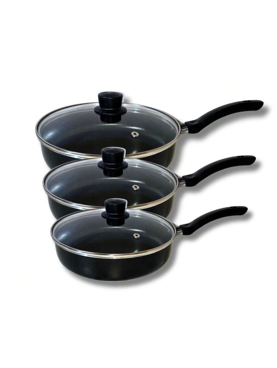 Frying Pan Kit Set With Lid 3 Pieces Size 18 20 22 - 黑色 - 查看 1