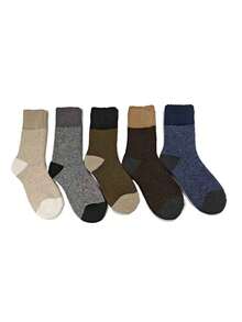 5 双男士加大码复古风格多色厚保暖袜，柔软毛圈绒，中筒长度，欧码 40-46 - 彩色 - 查看 1