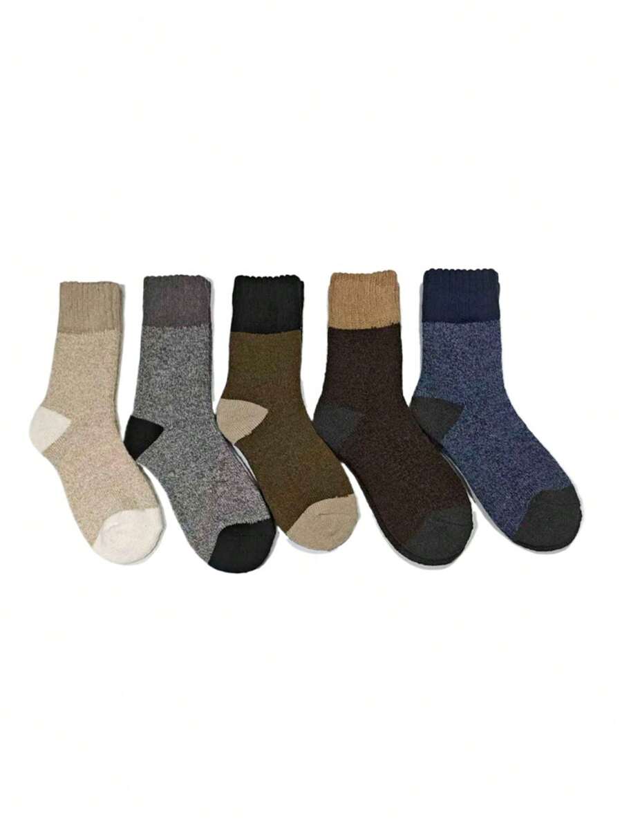 5 双男士加大码复古风格多色厚保暖袜，柔软毛圈绒，中筒长度，欧码 40-46 - 彩色 - 查看 1