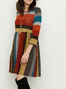 Boho Retro 70's 90's Vintage Black Black Olive Mocha Pink Mint Knit Brushed Ruffle Tiered Color Block Stripe Tunic Dress - 酒紅色 - 查看 3