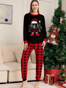 2pcs Women Christmas Pajama Set - Long Sleeve Top Printed With Santa Hat, Shoes, Letter Pattern And Plaid Pants