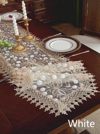 1pc, Polyester Table Runner, White Organza Fabric Embroidered Table Runner, Holiday Desktop Decoration Fabric Table Runner, Home Decoration, Dining Table Decor, Room Decor, Wedding Decor