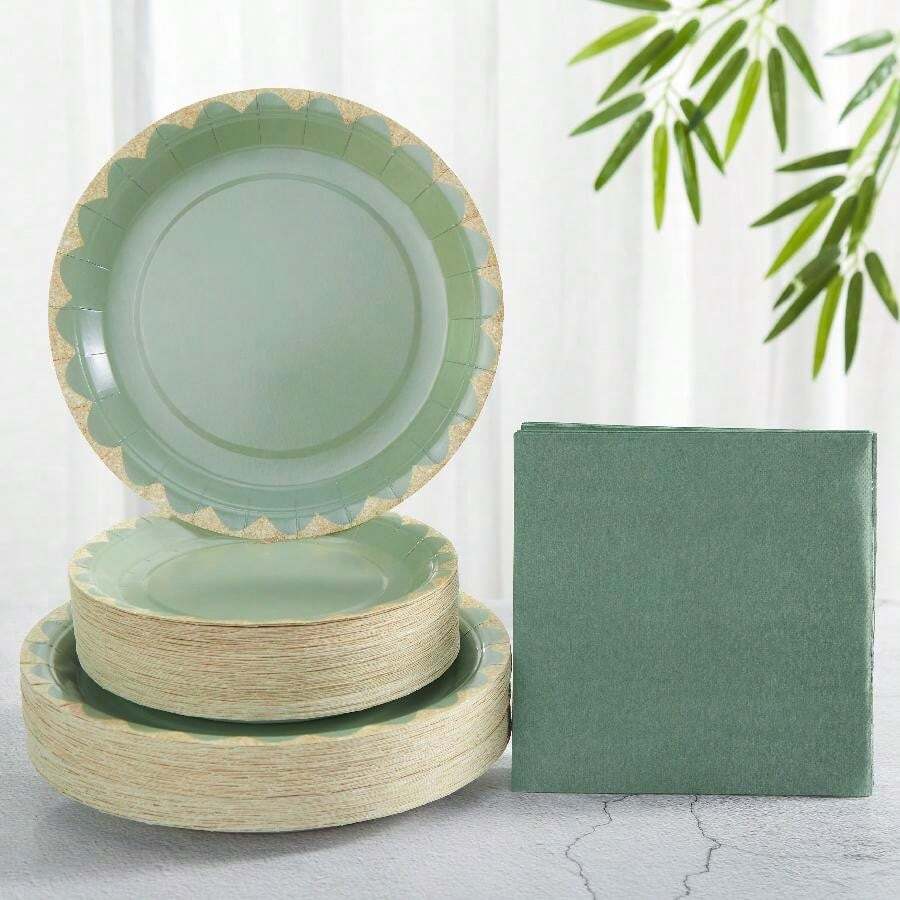 24 chiếc đĩa giấy và khăn ăn dùng một lần màu xanh lá cây và vàng Sage, thích hợp cho tiệc tùng, sinh nhật, đám cưới, dã ngoại gia đình, Giáng sinh - Nhiều màu - Xem 1